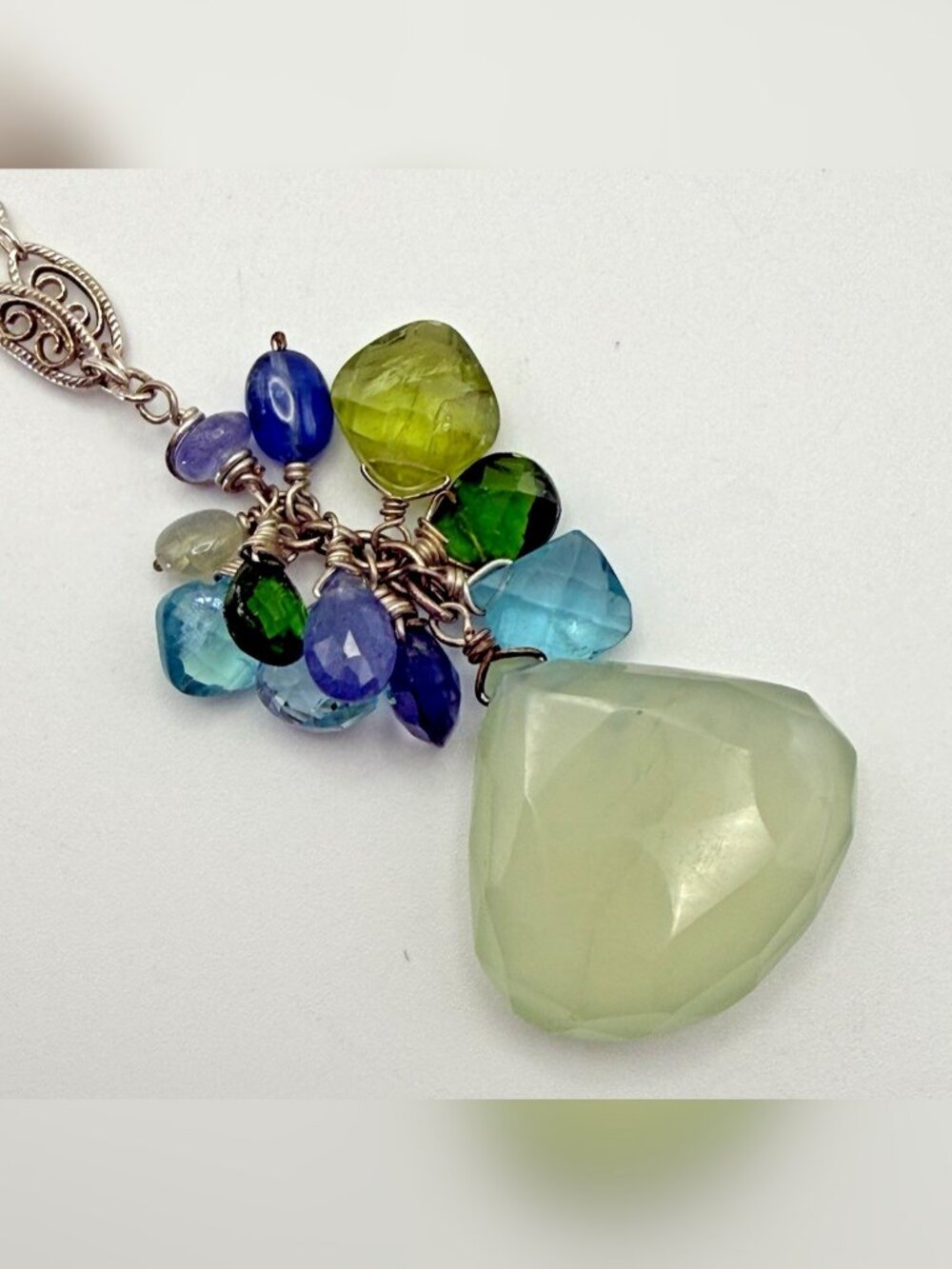 925 Sterling Silver Multi Gemstone Cluster Pendant Necklace Scroll Link Chain